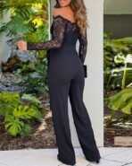 CHICME Womens Dressy Jumpsuits Casual One Piece Outfits Off Shoulder Lace Trim Overalls Straight Leg Pants - Image 3