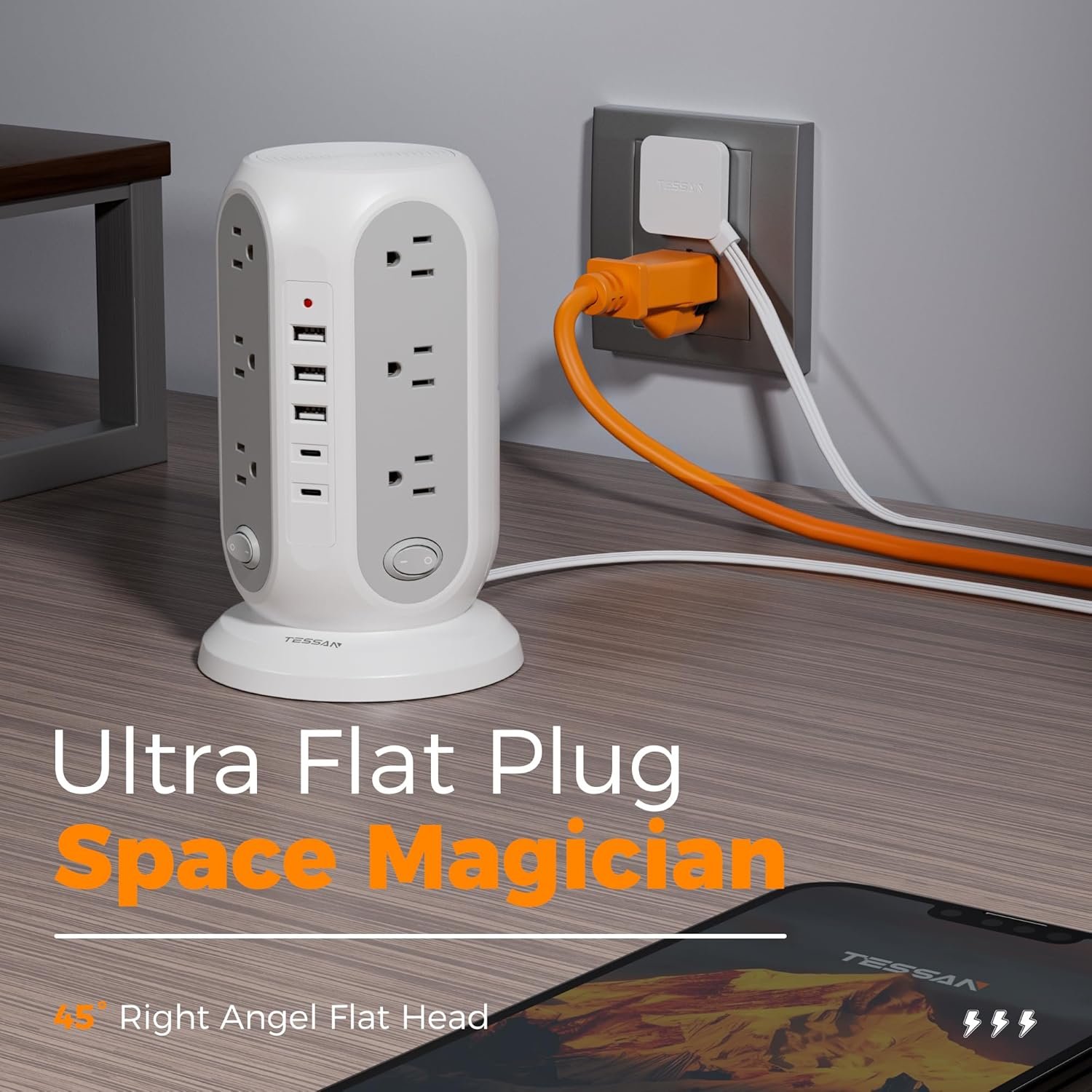 TESSAN Tower Power Strip with Individual Switches, Surge Protector with 12 Outlets, 5 USB Ports(2 USB C), Flat Extension Cord 10 Ft, 1250W, Charging Station for Multiple Devices, for Office, Dorm - Image 8