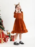 Cubear Toddler Girls Velvet Christmas Dress Puff Long Sleeve Square Neck Fall Winter Holiday Party Dress with Pockets 4-13Y - Image 4