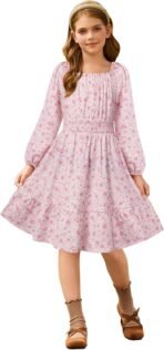 GRACE KARIN Girls Fall Dress Floral Long Sleeve Midi with Smocked Waist for Holiday Party 6-14Y - Image 4