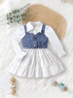 2Pcs Kids Girl Toddler Long Sleeves Lapel Button Down Shirt Dress Denim Vest Set 4-7 Years - Image 3