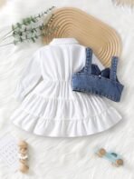 2Pcs Kids Girl Toddler Long Sleeves Lapel Button Down Shirt Dress Denim Vest Set 4-7 Years - Image 4