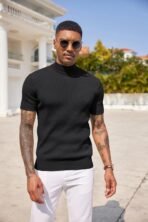 COOFANDY Men's Mock Turtleneck Sweater Short Sleeve Casual Basic Tops Ribbed Knit Pullover Solid Tee - Image 4
