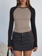Trendy Queen Women's Long Sleeve Shirts Slim Fit Stretchy Color Block Slightly Cropped Tops - Image 3