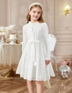 Arshiner Girls Long Sleeve Dress Tween Fall Formal Party Holiday Midi Tiered Flowy Swing Dresses with Belt 5-13 Y - Image 3