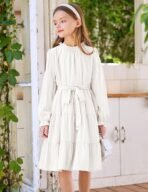 Arshiner Girls Long Sleeve Dress Tween Fall Formal Party Holiday Midi Tiered Flowy Swing Dresses with Belt 5-13 Y - Image 4