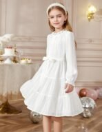 Arshiner Girls Long Sleeve Dress Tween Fall Formal Party Holiday Midi Tiered Flowy Swing Dresses with Belt 5-13 Y - Image 5