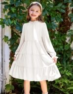 Arshiner Girls Long Sleeve Dress Tween Fall Formal Party Holiday Midi Tiered Flowy Swing Dresses with Belt 5-13 Y - Image 6