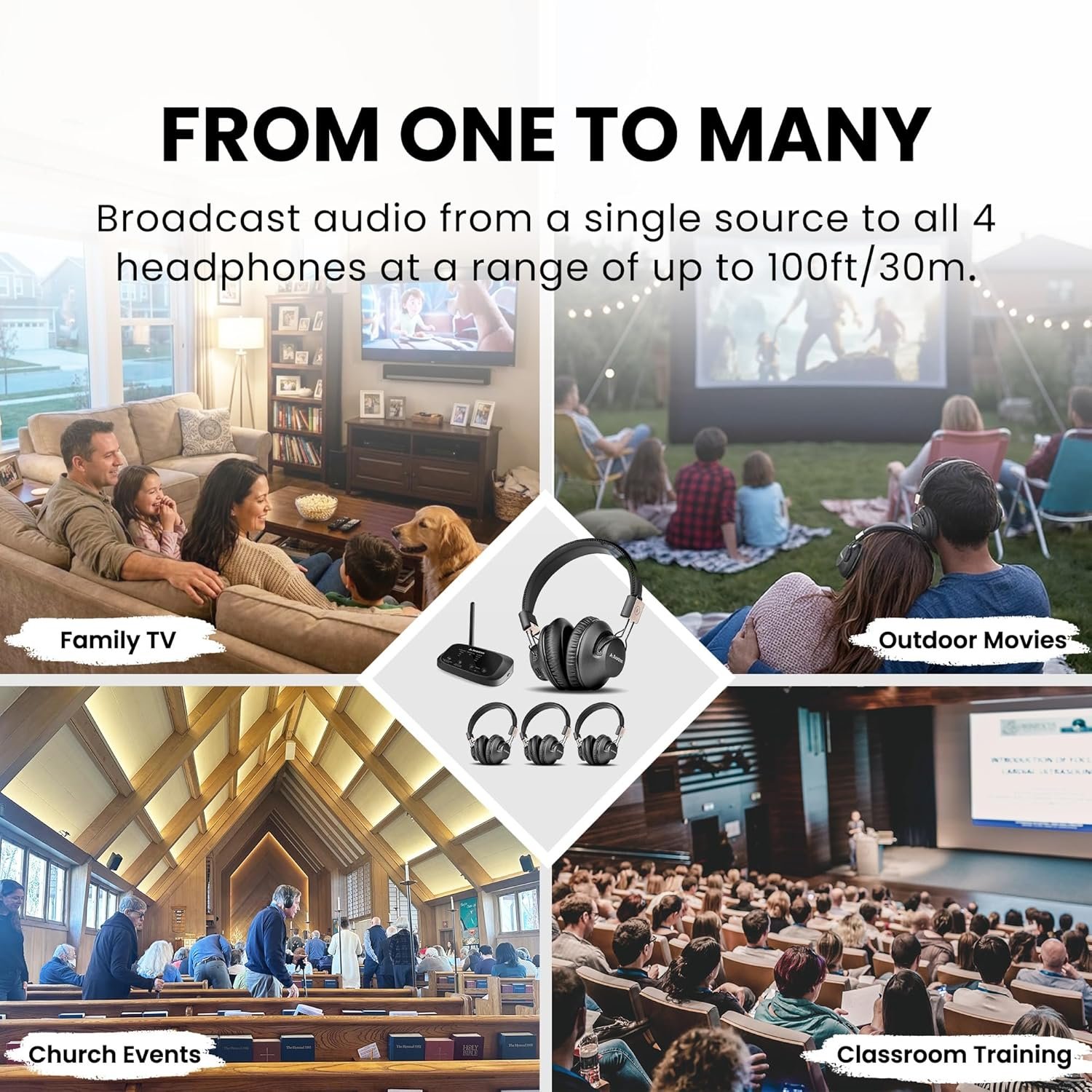 Avantree Quartet 2 - Wireless Group Listening Headphones & Transmitter for TV, Church, Classroom, Silent Discos, Plug & Play, 2.4GHz Expandable Multi-Headphone System with Low Latency & Clear Voice - Image 3