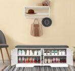 2-Tier Storage Bench, 47.2" Wide Shoe Bench with Padded Seat Cushion, Entryway Bench with 4 Barn Doors and Adjustable Shelf, White - Image 5