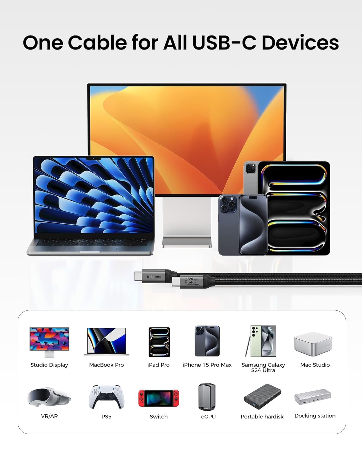Silkland USB C Monitor Display Cable 3.3FT 4K@144Hz/60Hz, 8K USB C 3.2 Gen 2x2 Video Cable, 20Gbps Data Transfer, 240W PD Charging, Type C Compatible for iPhone 17, MacBook, CarPlay, Portable Monitor - Image 7