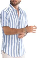 JMIERR Men's Casual Stylish Short Sleeve Button-Up Striped Dress Shirt Cotton Beach Shirts - Image 3