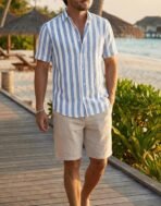 JMIERR Men's Casual Stylish Short Sleeve Button-Up Striped Dress Shirt Cotton Beach Shirts - Image 4