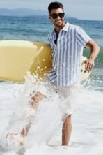 JMIERR Men's Casual Stylish Short Sleeve Button-Up Striped Dress Shirt Cotton Beach Shirts - Image 5