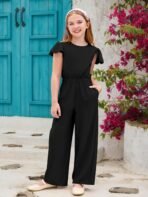 Haloumoning Girls Jumpsuit Kids Fashion Ruffle Cap Sleeve Wide Leg Rompers One Piece Outfits with Pockets - Image 3