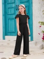 Haloumoning Girls Jumpsuit Kids Fashion Ruffle Cap Sleeve Wide Leg Rompers One Piece Outfits with Pockets - Image 4