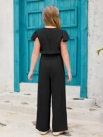 Haloumoning Girls Jumpsuit Kids Fashion Ruffle Cap Sleeve Wide Leg Rompers One Piece Outfits with Pockets - Image 5