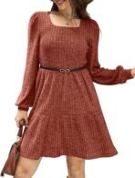 Sampeel Womens Square Neck Long Sleeve Fall Dresses Casual Babydoll Sweater Dress - Image 4