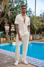 COOFANDY Men's 2 Piece Outfit Casual Short Sleeve Button Down Shirt Beach Summer Loose Pant Sets - Image 3