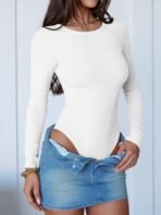 ANRABESS Women Long Sleeve Crew Neck Bodysuits Top 2025 Fall Slim Fit Ribbed Knit Soft Basic Tee Shirts - Image 3