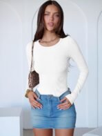 ANRABESS Women Long Sleeve Crew Neck Bodysuits Top 2025 Fall Slim Fit Ribbed Knit Soft Basic Tee Shirts - Image 4
