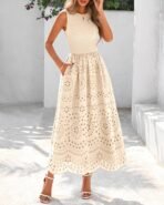 dowerme Women Summer Dresses 2026 Casual Sleeveless Crewneck A-Line Boho Lace Eyelet Cotton Tank Maxi Dress with Pockets - Image 3