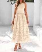 dowerme Women Summer Dresses 2026 Casual Sleeveless Crewneck A-Line Boho Lace Eyelet Cotton Tank Maxi Dress with Pockets - Image 4