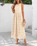 dowerme Women Summer Dresses 2026 Casual Sleeveless Crewneck A-Line Boho Lace Eyelet Cotton Tank Maxi Dress with Pockets - Image 7