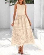 dowerme Women Summer Dresses 2026 Casual Sleeveless Crewneck A-Line Boho Lace Eyelet Cotton Tank Maxi Dress with Pockets - Image 8