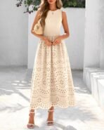 dowerme Women Summer Dresses 2026 Casual Sleeveless Crewneck A-Line Boho Lace Eyelet Cotton Tank Maxi Dress with Pockets - Image 9