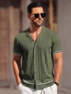 COOFANDY Men's Short Sleeve Knit Shirt Casual Button Down Shirt Vintage Striped Knitted Golf Beach Tops - Image 5
