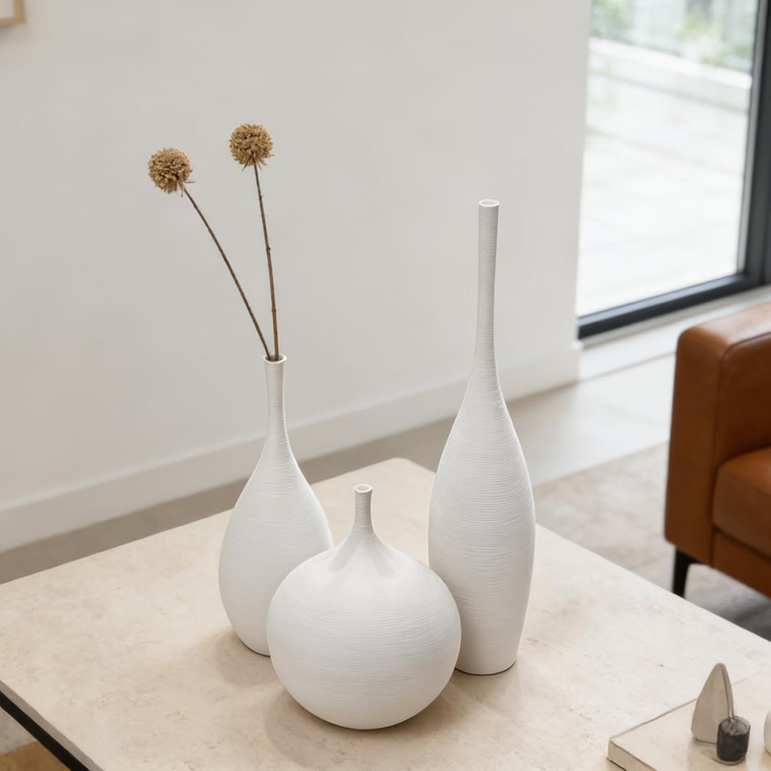 White Ceramic Vase Set of 3, Modern Boho Vases for Centerpiece Decor, Matte Minimalist Decorative White Vases Home Decor, for Living Room, Bookshelf, and Entryway Table Decor - Image 3