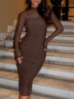 REORIA Women's Fall Mesh Sheer Long Sleeve Midi Ruched Bodycon Dress Mock Neck Elegant Evening Party Cocktail Dresses - Image 4