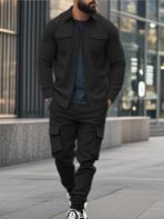 Men's Fleece Cargo Jacket Tracksuit Set 2 Pieces Solid Color Long Sleeve Button up Jacket and Cargo Pants Set - Image 6