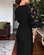 CHICME Bodycon Midi Dress for Women Mesh Puff Sleeve Slit Work Cocktail Wedding Dresses with Belt - Image 4