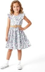 PATPAT Little Big Girls Dress Vintage Boho Floral Ruffle Short Sleeve Casual Swing Dress with Braided Belt - Image 11