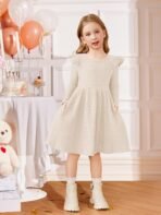 Arshiner Toddler Girl Dress Baby Girls Knitted Ruffle Sleeve Pocket Dresses A-Line Flared Fall Winter Clothes for 2-8 Years - Image 3