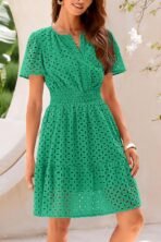 PRETTYGARDEN Womens 2026 Summer Short Dress V Neck Short Sleeve A Line Hollow Out Lace Cute Casual Beach Party Spring Dresses - Image 4