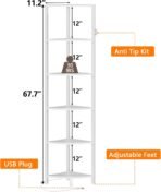 Furnulem 6 Tier Corner Shelf with LED Light, 67.5” Tall Standing Shelf Organizer, White Narrow Bookshelf with Storage Rack for Wall Corner, Living Room, Bedroom, Metal Frame, Wood Display Shelf - Image 3
