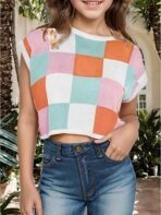 Girls Spring Crop Tops 2026 Summer Sweaters Cute Cap Sleeve Colorblock Loose Teen Top School Picture Outfits - Image 3