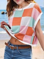 Girls Spring Crop Tops 2026 Summer Sweaters Cute Cap Sleeve Colorblock Loose Teen Top School Picture Outfits - Image 5