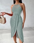 CHICME Womens Summer Halter Dress Hollow Out A Line Vacation Dresses with Eyelet Embroidery & Side Slit - Image 3