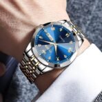 OLEVS Watch for Men Diamond Business Dress Analog Quartz Stainless Steel Waterproof Luminous Date Two Tone Luxury Casual Wrist Watch Blue - Image 4