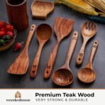 Wooden Utensil Set 8 Pcs – Sturdy & Easy to Clean, Natural Teak Wooden Spoons for Cooking – Non-Scratch Cooking Utensils with Spatula, Turner, Ladle, Spoons, Skimmer, Holder, Spoon Rest & 6 Hooks - Image 3