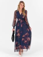 ANRABESS Women's Floral Maxi Dress 2025 Fall V Neck Puff Long Sleeve Flowy Casual Wedding Guest Tea Party Tulle Dresses - Image 3