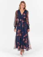 ANRABESS Women's Floral Maxi Dress 2025 Fall V Neck Puff Long Sleeve Flowy Casual Wedding Guest Tea Party Tulle Dresses - Image 4
