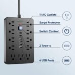 6 FT Flat Plug Surge Protector Power Strip,11 Multiple AC Outlets with 6 USB Ports (2 USB C), 6 Feet Extension Cord, 1250W/10A, One Touch Switch Button, 17 in 1 Compact powerstrip - Image 4