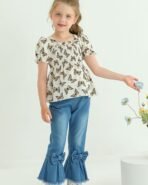 Kucnuzki Toddler Kids Girls Clothes Short Sleeve Shirt Top Flare Denim Jeans 2 Piece Outfits For Girls Cute Clothing Set - Image 3