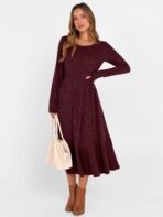 ANRABESS Womens Long Sleeve Midi Dress Spring Rib Knit Crew Neck A Line Soft Flowy Swing Dresses with Pocket Casual Trendy - Image 3