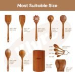 Wooden Spoons for Cooking, Nonstick Kitchen Utensils Set with 4 Piece Measuring Spoons, Comfort Grip Wooden Spatula Set, 9 Piece Teak Wooden Cooking Utensils with Holder and Spoon Rest - Image 6